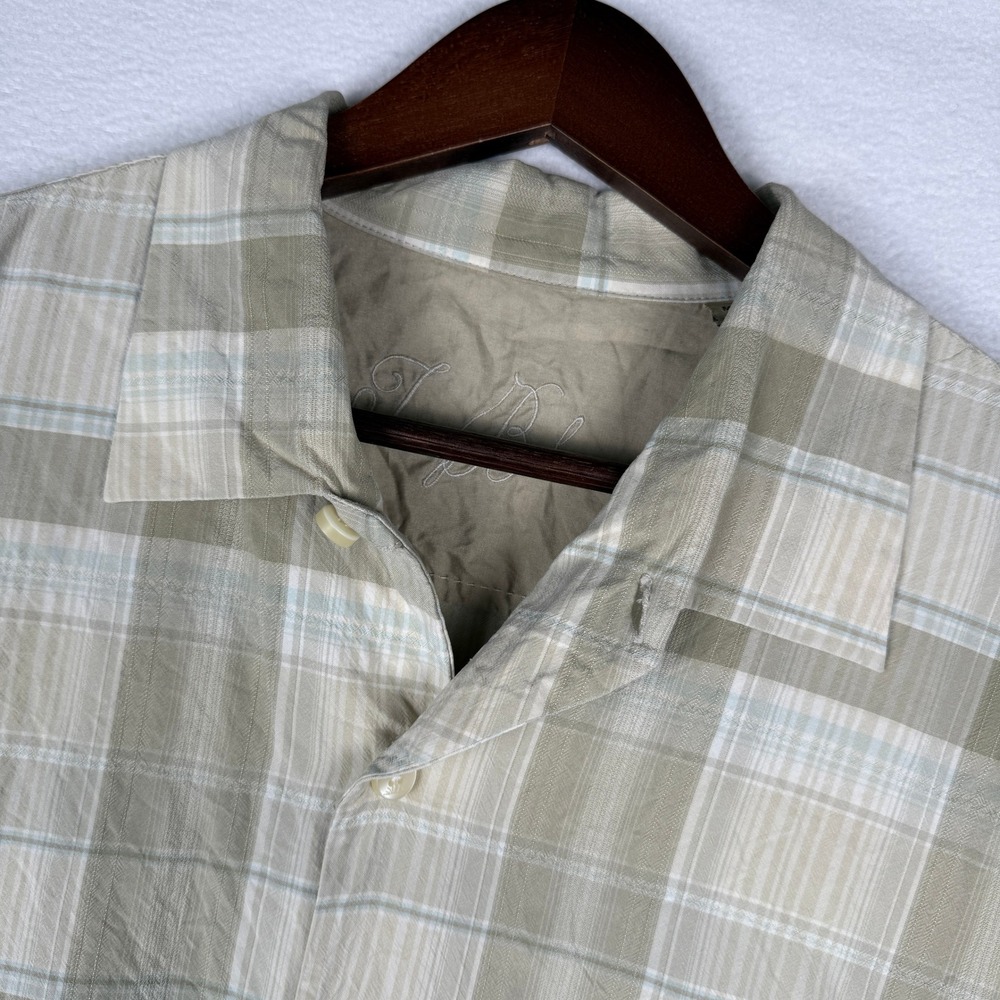 Tommy Bahama Mens XL 100% Silk Beige Tan Plaid Short Sleeve Camp Shirt